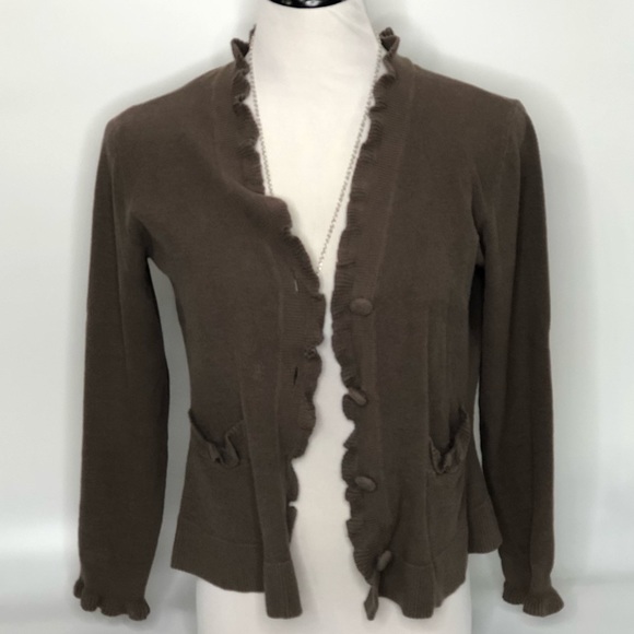 J. JILL VINTAGE WOMENS BROWN RUFFLED BUTTON UP SWEATER CARDIGAN #8 - Picture 7 of 8